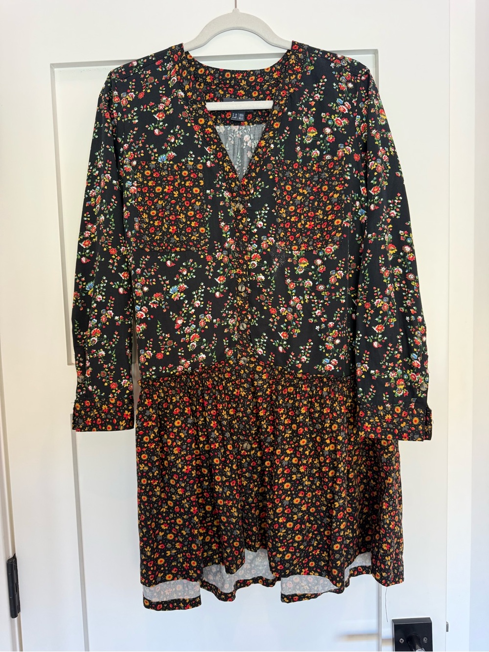 Maeve Black Floral Long-Sleeve Babydoll Dress